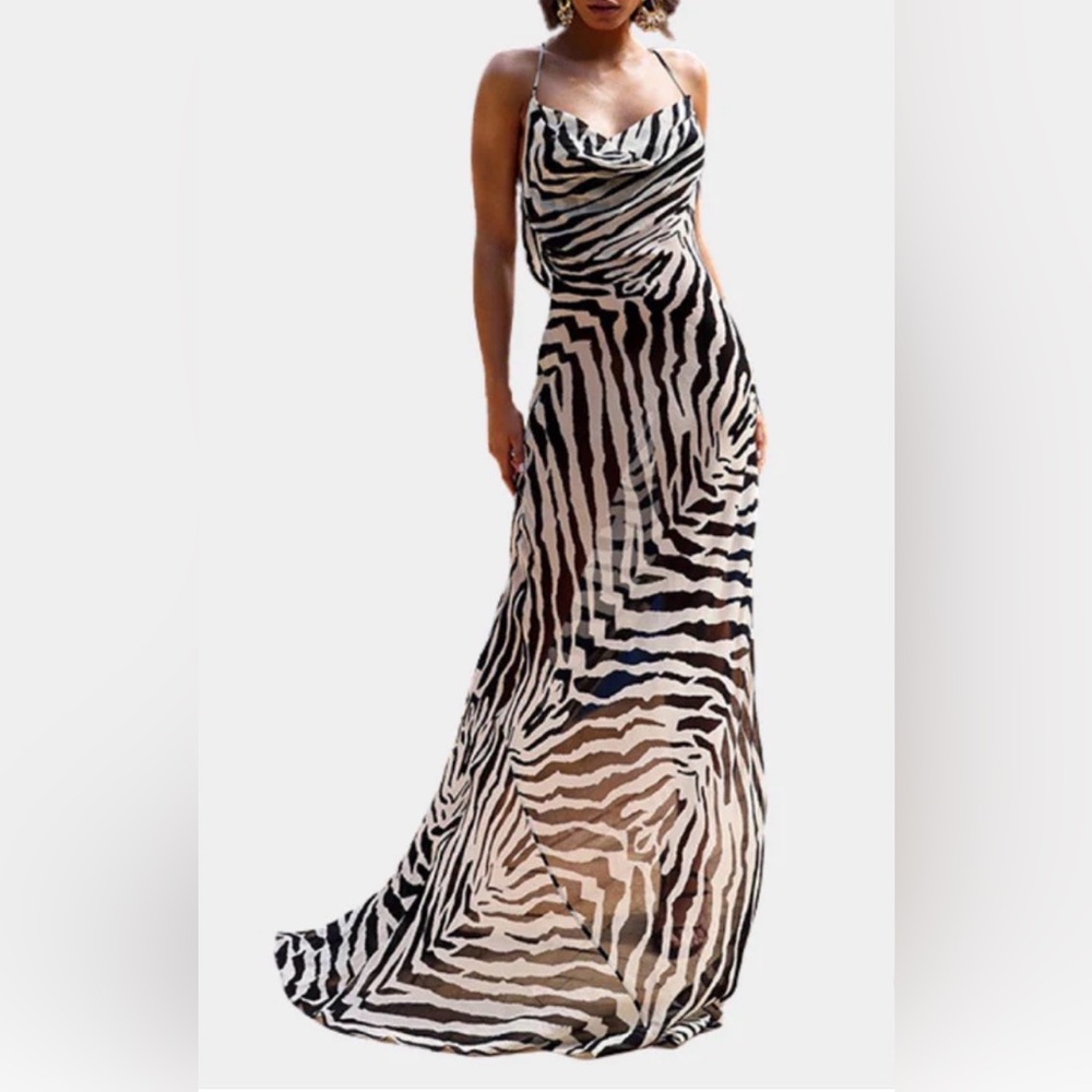 Sheer Zebra Print Maxi Dress Backless